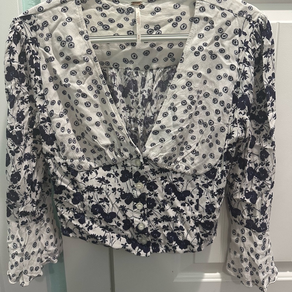 Free People Navy and White Floral Blouse